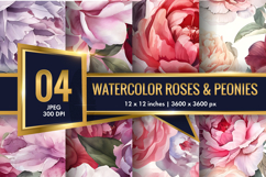Hand-Painted Watercolor Roses and Peonies Digital Paper Product Image 1