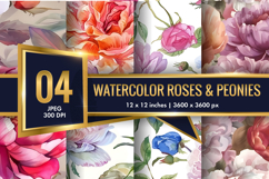 Hand-Painted Watercolor Roses and Peonies Digital Paper Product Image 1