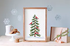 This vertically arranged winter bird PNG features five red cardinals scattered naturally throughout a snow-covered evergreen, with gently falling snow and a snowy ground.