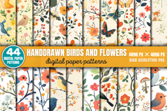 Handdrawn Birds And Flowers Patterns Digital Paper Backgroun Product Image 1