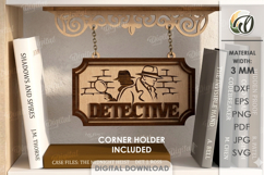 3D Hanging Bookshelf Sign Laser Cut. Detective SVG Product Image 1