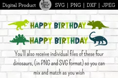 instructions for using this happy birthday dinosaur hanging banner in svg or dxf for vinyl cutting or lasering party projects.  includes individual stegosaurus, triceratops, brachiosaurus, and t rex