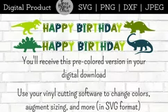 instructions for using this happy birthday dinosaur hanging banner in svg or dxf for vinyl cutting or lasering party projects.  includes individual stegosaurus, triceratops, brachiosaurus, and t rex