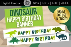 Happy Birthday hanging banner for birthday party featuring dinosaurs, t rex, jurrasic elements, in SVG, PNG, DXF, and JPEG format.  Great for cutting in vinyl or printing to hang.