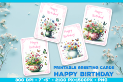 Watercolor Spring Flowers &amp; Butterflies Birthday Card Product Image 1