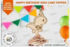 Happy Birthday Kids Cake Topper Laser Cut. Cute Dino SVG Product Image 1