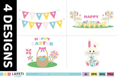 Happy Easter banner clipart with pink, blue and yellow party flags