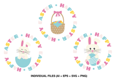 Three pastel Happy Easter illustrations with bunnies, eggs and an Easter basket