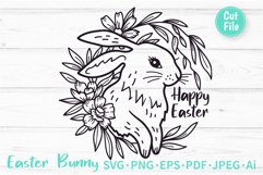 Happy Easter Round Sign with Bunny and Flowers SVG Cut File