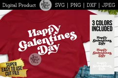Happy Galentines Day Quote Cut File shown in white on a red shirt.  Three color variations included