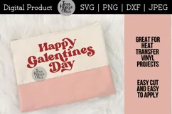 A finished project example is shown where this Happy Galentines Day SVG design has been applied to a makeup bag