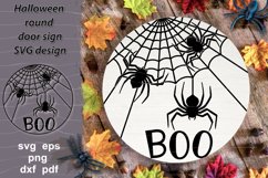 Halloween SVG design with quote Boo and spiders and net for round door sign, door hanger, home decoration.