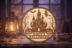 Happy Halloween Castle Laser Cut SVG,Round Wooden Product Image 1