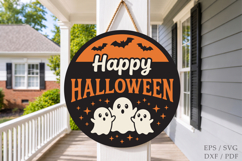 Happy Halloween Ghost Laser Cut SVG,Round Wooden Door Hanger Product Image 1