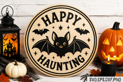 Happy Haunting SVG, Cute Bat Halloween Round Sign Product Image 1