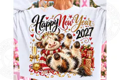 Happy New Year 2027 Highland Cow PNG | Cute Champagne Cow Su Product Image 1