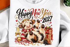 Happy New Year 2027 Highland Cow PNG | Cute Champagne Cow Su Product Image 2
