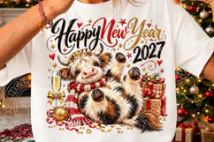 Happy New Year 2027 Highland Cow PNG | Cute Champagne Cow Su Product Image 3