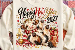 Happy New Year 2027 Highland Cow PNG | Cute Champagne Cow Su Product Image 4