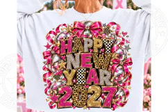 Happy New Year 2027 PNG, Pink Leopard Glitter Bow Disco Glam Product Image 1
