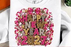Happy New Year 2027 PNG, Pink Leopard Glitter Bow Disco Glam Product Image 2