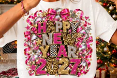 Happy New Year 2027 PNG, Pink Leopard Glitter Bow Disco Glam Product Image 3