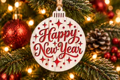 Happy New Year Ornament SVG, Laser Cut Script Bauble Design Product Image 1