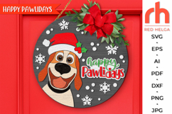 happy pawlidays svg, dog santa hat svg, funny xmas dog svg, welcome sign svg, christmas circle sign svg, christmas door sign svg, seasonal hanger svg, round hanging sign svg, laser cut file, layered xmas sign, pet lover sign dxf, winter animal svg