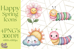 Happy Spring Icons Clipart, Cute Kawaii Flowers Animals Product Image 1