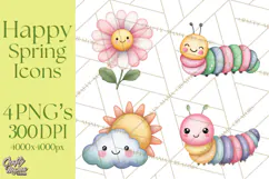 Happy Spring Icons Clipart, Cute Kawaii Flowers Animals Product Image 1