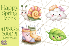 Happy Spring Icons Clipart, Cute Kawaii Flowers Animals Product Image 1