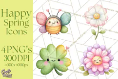 Happy Spring Icons Clipart, Cute Kawaii Flowers Animals Product Image 1