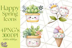 Happy Spring Icons Clipart, Cute Kawaii Flowers Animals Product Image 1