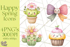 Happy Spring Icons Clipart, Cute Kawaii Flowers Animals Product Image 1