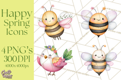 Happy Spring Icons Clipart, Cute Kawaii Flowers Animals Product Image 1