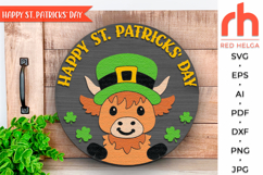 st patricks day highland cow svg, happy patricks day, st pattys day hanger svg, st patricks day door sign svg, laser cut file, leprechaun sign svg, layered sign svg, welcome sign svg, irish hanger svg, cow pot gold svg, patricks calf svg