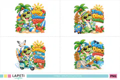 Cute dinosaur vacation design with suitcase map and tropical scenery