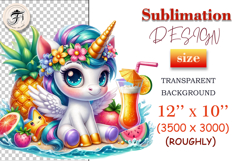 Adorable winged unicorn enjoying the beach, surrounded by party decorations and tropical cheer - perfect for cheerful sublimation designs