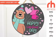 happy valentines day svg, valentine hanger svg, outdoor sign svg, welcome sign svg, valentine circle svg, bear balloons svg, seasonal door svg, round hanging sign svg, laser cut file, layered sign svg, porch sign svg, bear hearts svg, valentines shirt svg