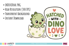 Baby dinosaur hatching from an egg beside the phrase Hatched With Dino Love