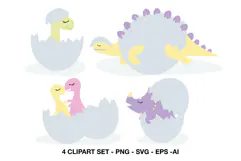 Pastel hatching dinosaur clipart with four baby dinosaurs emerging from cracked eggs