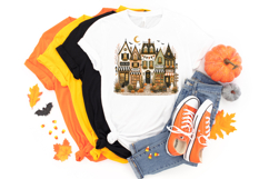 Halloween storefront PNG with charming cottage shops, striped awnings, orange pumpkins, autumn trees, glowing windows, bats, and tiny ghost details.