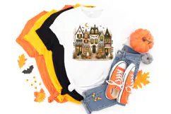 Halloween storefront PNG with charming cottage shops, striped awnings, orange pumpkins, autumn trees, glowing windows, bats, and tiny ghost details.