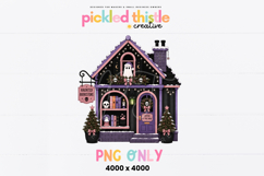 Cute haunted bookstore decorated for Christmas with pastel purple trim, twinkle lights, ghost decor, wreaths, books, skull accents, and snowy details in a spooky cute style.