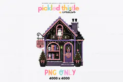 Cute haunted bookstore decorated for Christmas with pastel purple trim, twinkle lights, ghost decor, wreaths, books, skull accents, and snowy details in a spooky cute style.