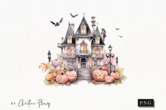 Pastel Pink Watercolor Haunted House Clipart | Watercolor Product Image 1