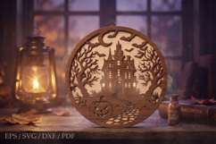Haunted House Halloween Laser Cut SVG,Round Wooden Door Product Image 1