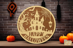 Haunted House Round Laser Cut SVG,Halloween Wooden Door Sign Product Image 1