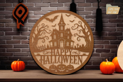Haunted House Round Sign SVG,Halloween Wooden Wall Decor Product Image 1