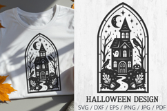 Haunted House Stained Glass Halloween SVG – spooky gothic illustration featuring a haunted house with ghost, bats, ravens, pumpkins, crescent moon, and stars in a stained glass style frame. Perfect for Halloween crafts, t-shirts, tote bags, mugs, stickers